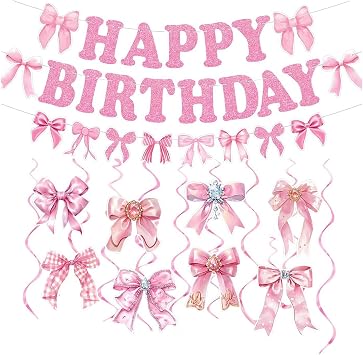 Pink Bow Birthday Banner & Hanging Swirls Decorations Set - Large Party Backdrop for Girls Birthday, Bridal Shower - Floral Theme Party Supplies 30 Pcs