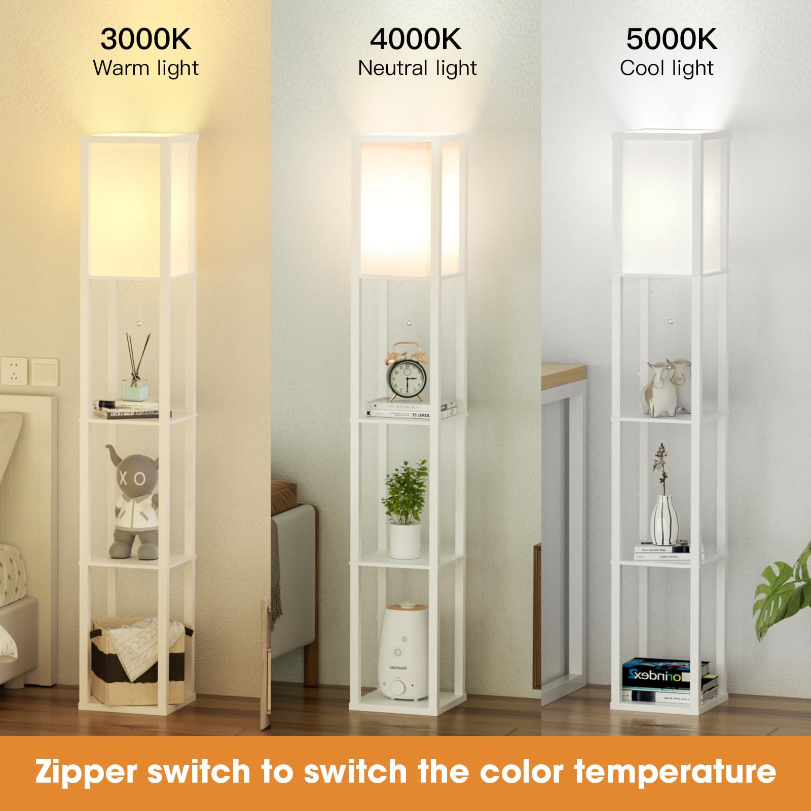 Omdekor Floor Lamp aus Holz, Wohnzimmer Stehlampe mit Fassung, Stehleuchte mit Regal 3 Farbtemperaturen 3000-5000K, Vintage Stehlampen für Wohnzimmer Schlafzimmer Arbeitszimmer Büro