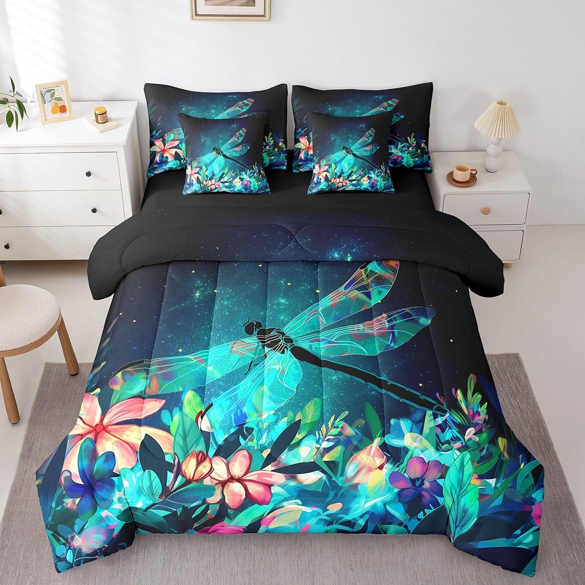 Feelyou Dragonfly Bed in a Bag Dragonfly Floral Comforter Set Queen Size 7 Pieces Boys Girls Spring Blossom Flower Butterfly Bedding Set Bed Set with Comforter, Sheet Set, Pillowcases, Pillow Covers