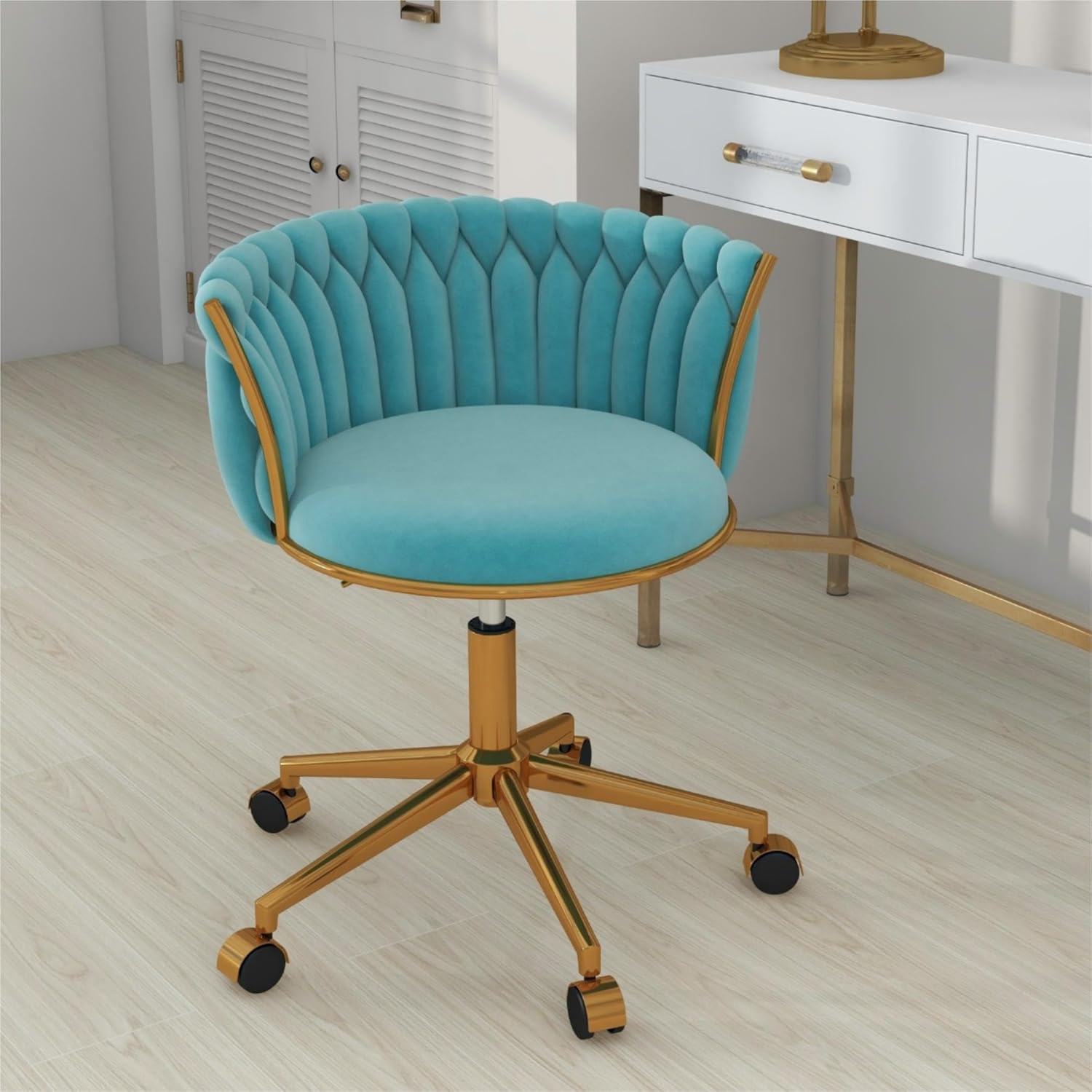 ABET Velvet Desk Chair No Wheels - Gold Leg Armchair For Bedroom, Vanity & Office