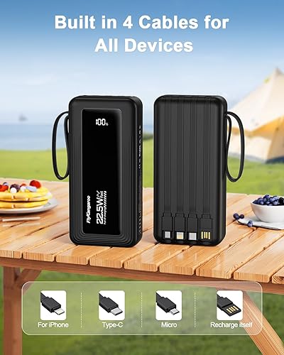 Miniatura 3 de Cargador portátil con cables incorporados, delgado 20000mAh carga rápida 22.5W banco de energía USB C pantalla LED paquete de batería 6 salidas y 2