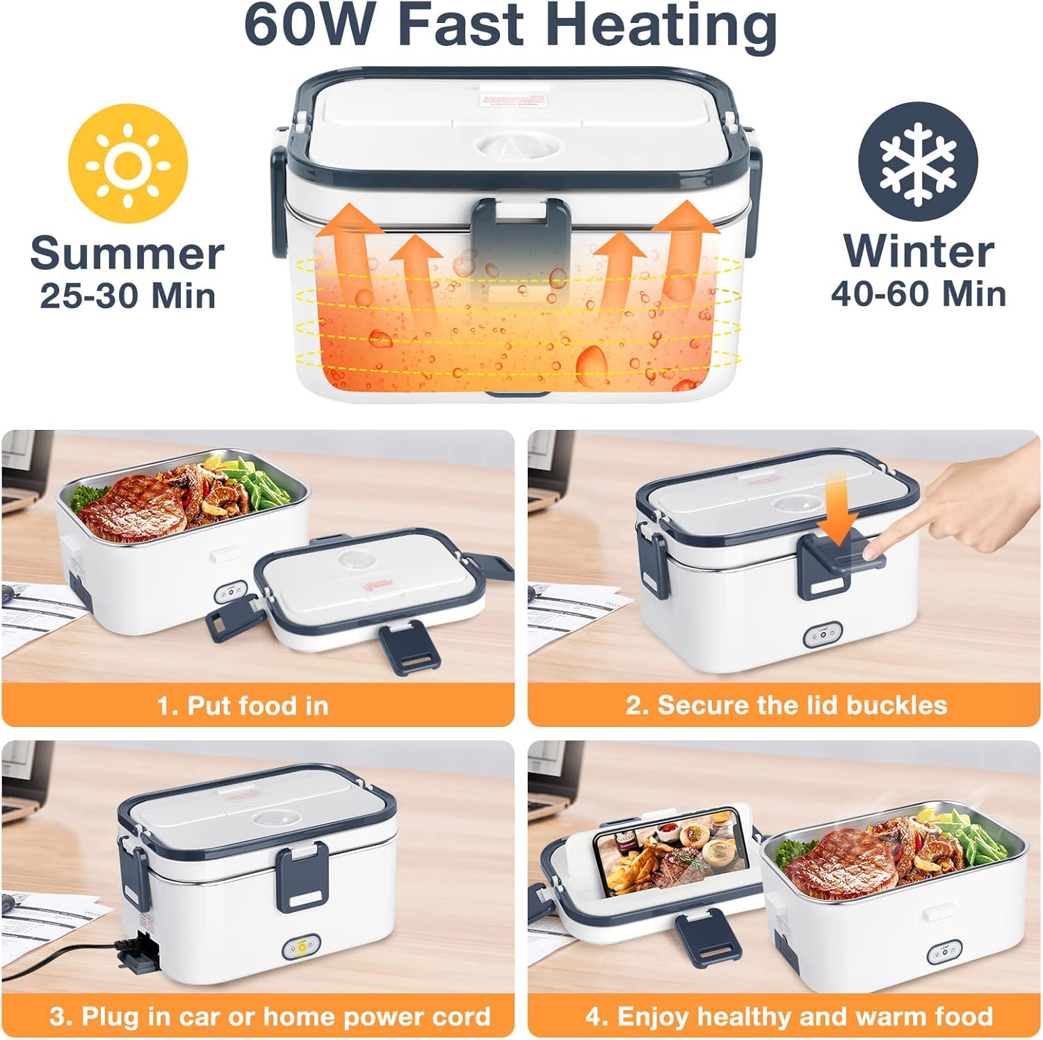 hatisan Electric Lunch Box, Portable Food Warmer, Heated Lunch Box, Lunch Containers Lunch Warmer for Adults, 60W 1.8L 12V-24V 110V 3-in-1 Portable microwave Food Heater (Gray+White)