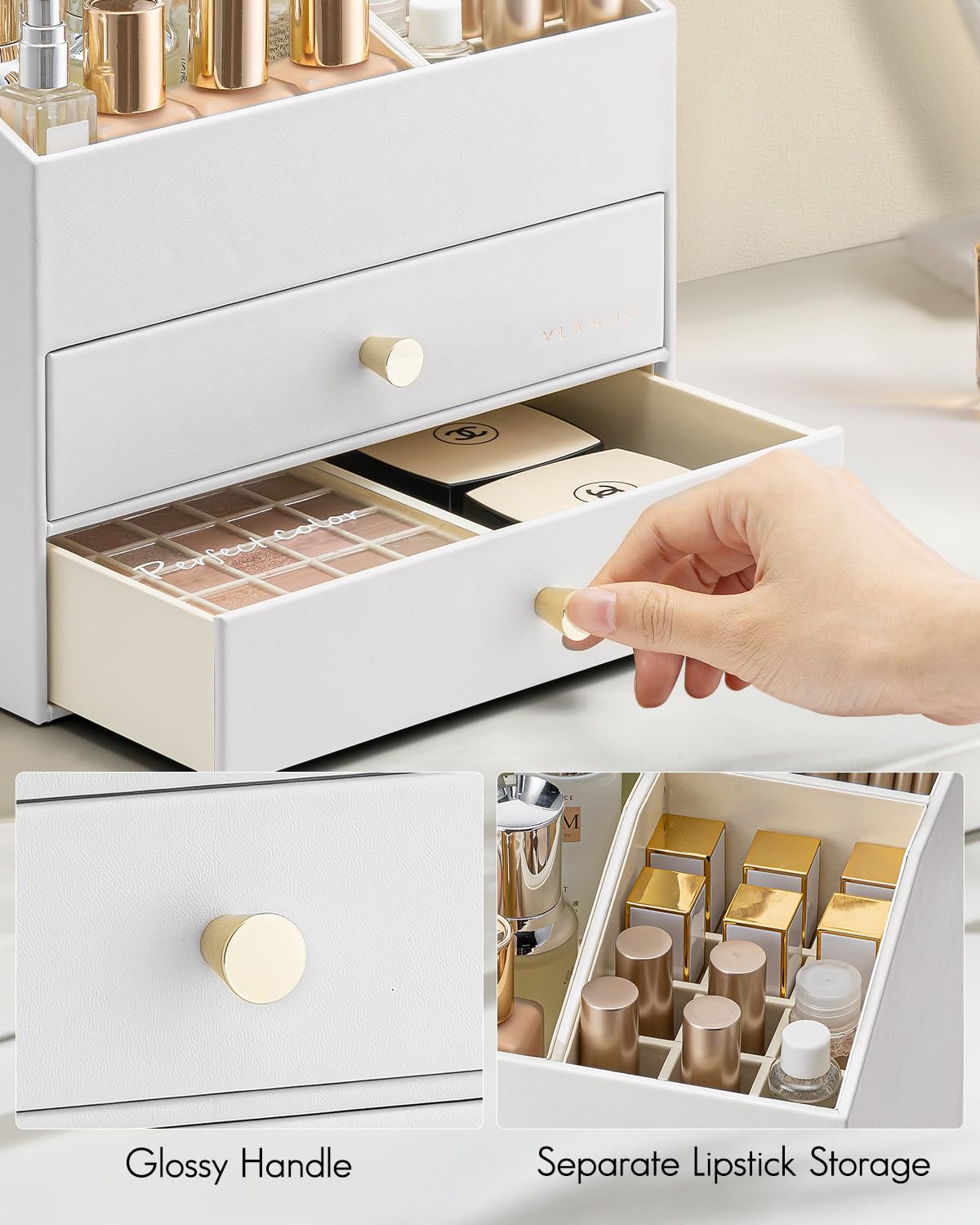 Vlando - Organizer per trucco per toeletta, organizer da banco a grande capacità con cassetti, custodia in pelle PU per cosmetici, ideale per rossetto, pennelli, prodotti per la cura della pelle