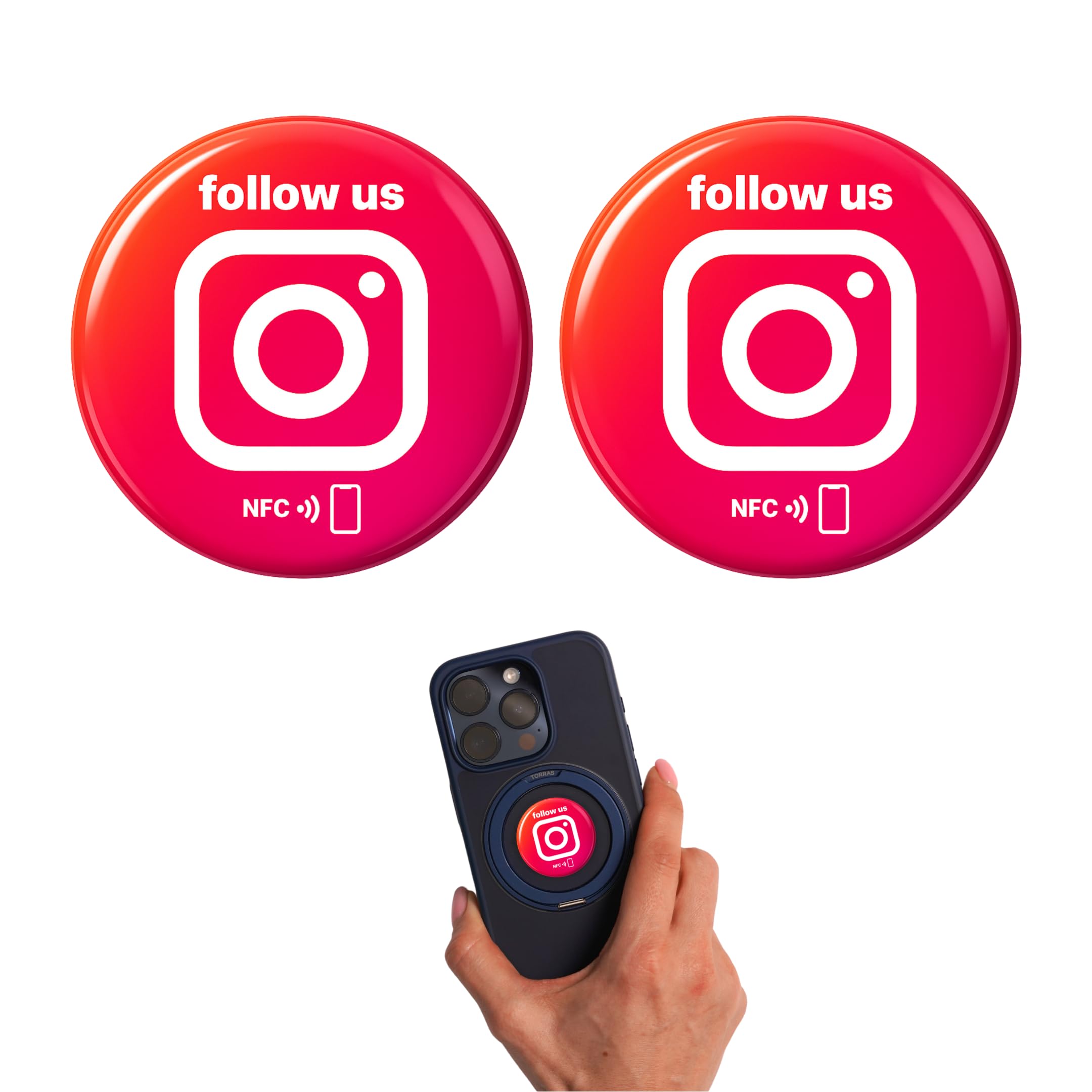 Instagram - Adesivi NFC "Follow Us" - Programmabili e riutilizzabili - 3 cm di diametro - Adesivi lucidi con chip NFC - Strumento di marketing senza contatto per caffè, hotel