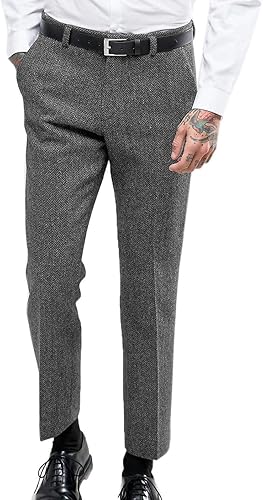 Ceehuteey pantalones de vestir de traje retro para hombre, de lana gruesa, con frente plano, de estilo herringbone, de tweed