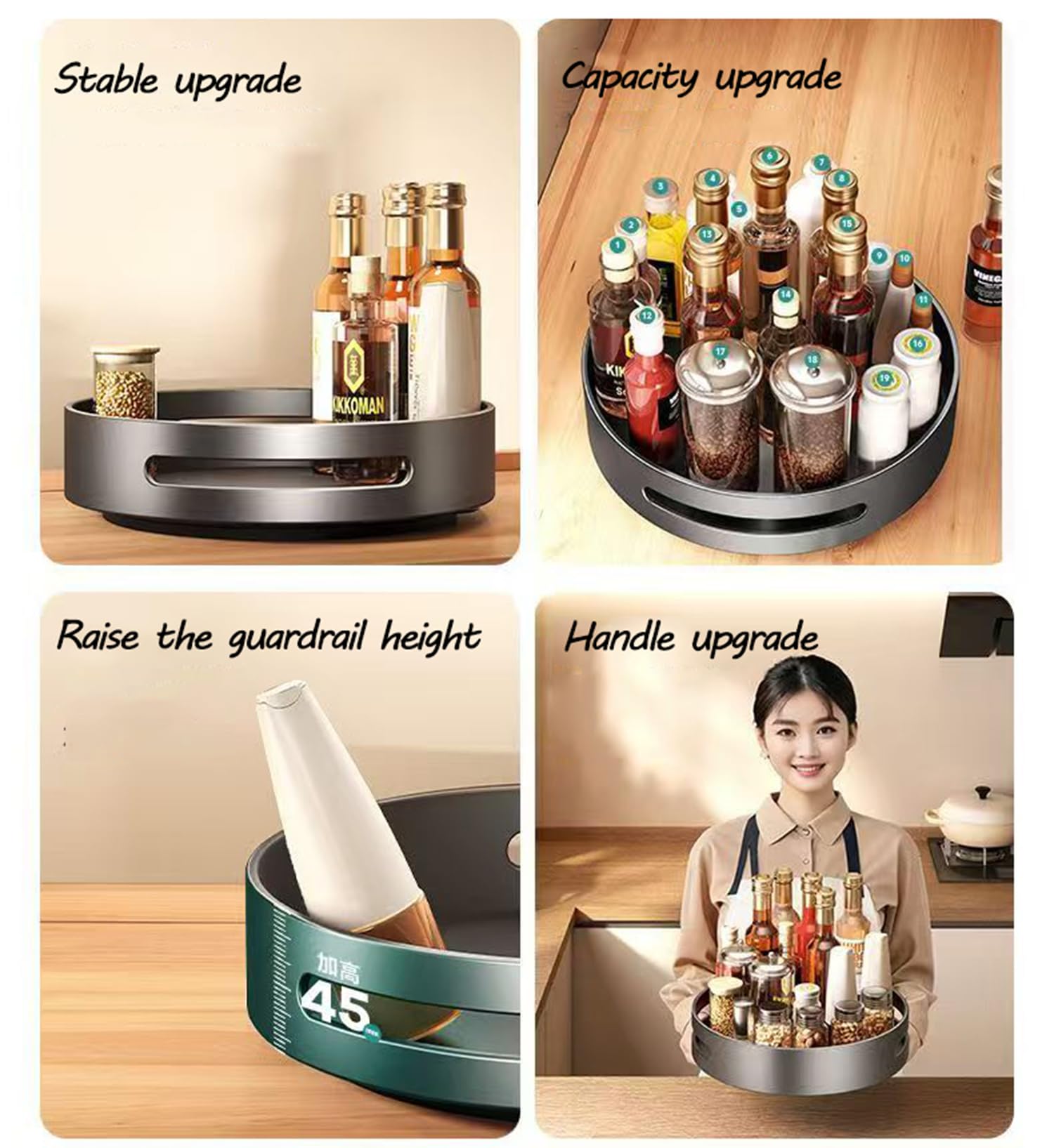 Especiero Giratorio 360°, Lazy Susan Despensa Organizador Especieros para Cocina Giratorio Estante De Plástico para Botellas, Cosmético, Armario, Despensa, Baño,Negro,30cm