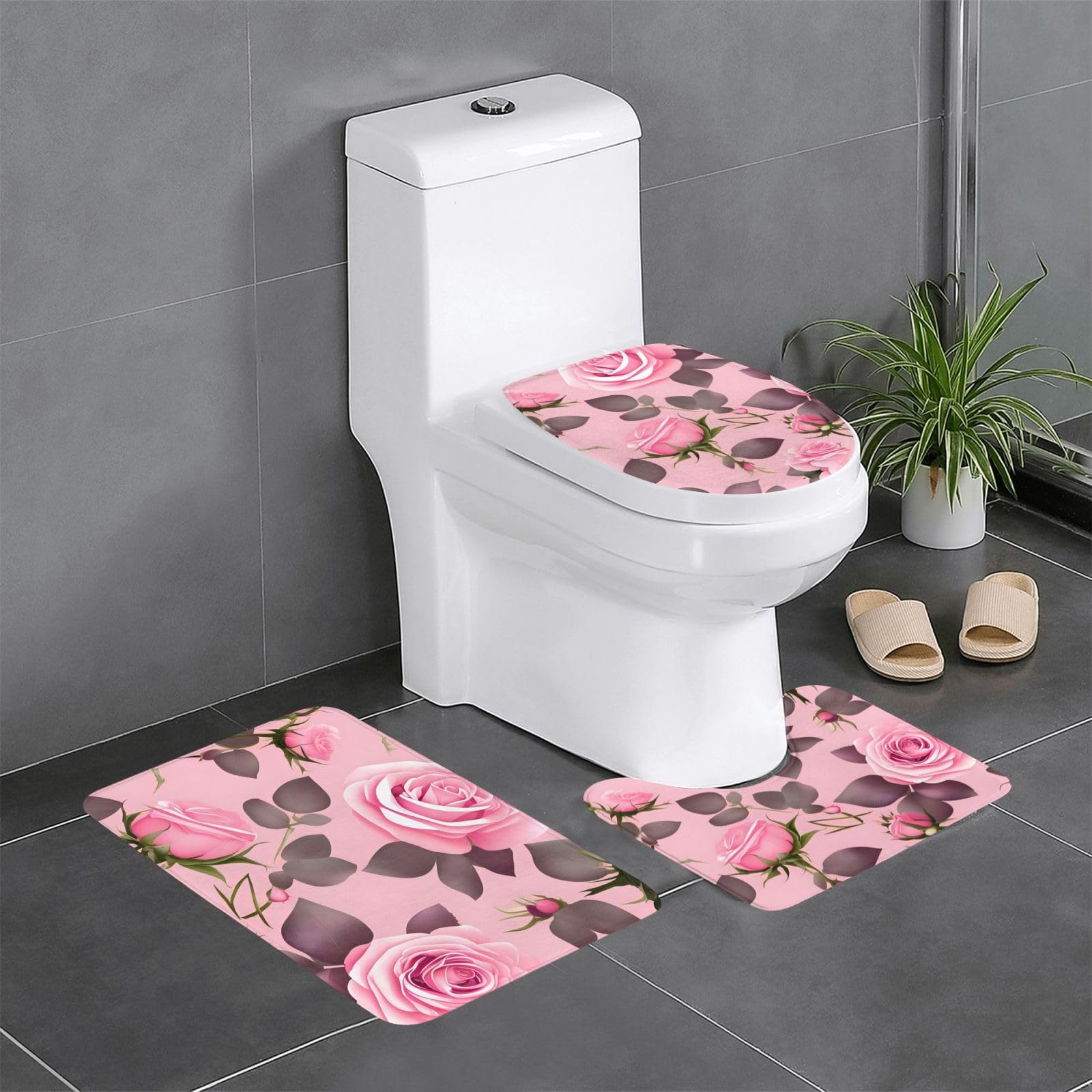 Tapis de salle de bain lot de 3 contour WC ovale rectangulaire antidérapant rose