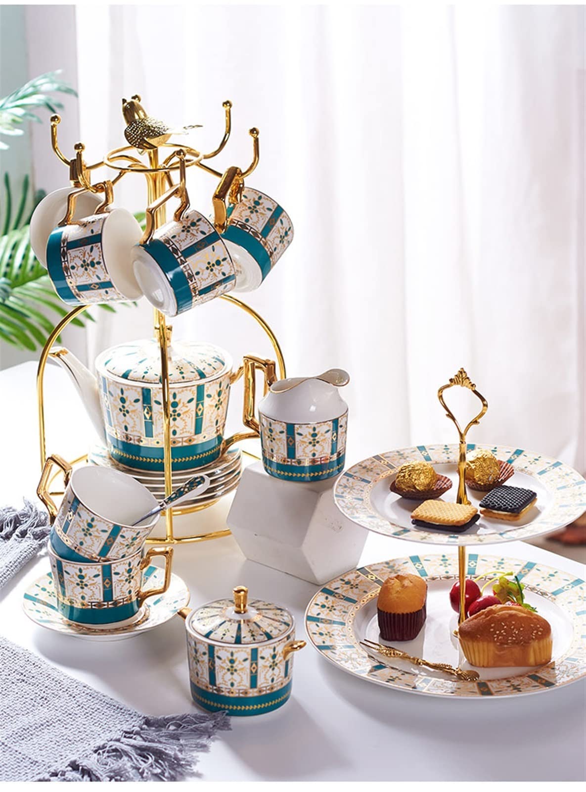 Luxus Gold Bone China Kaffee Set Nordic Porzellan Tee-Set Topf Tasse Keramik Becher Zucker Schüssel Creamer Teekanne Milch Krug Coffeeware (Color : 17pcs Set)