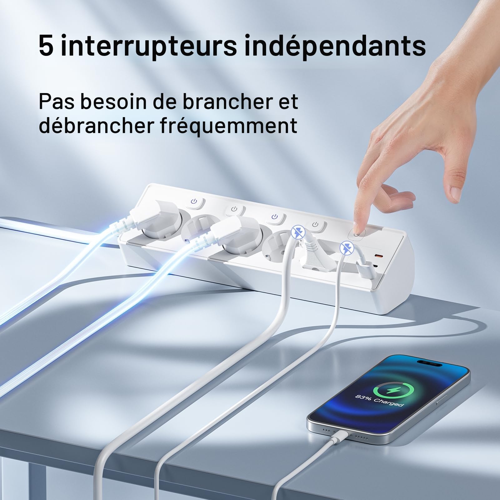 Kemelo Multiprise avec Interrupteur Individuel, 9 en 1 multiprise Plate avec 4 Sortie AC, 2 EU Ports, 3 USB Ports, pour Le Bureau, Salon, Chambre à Coucher, Cuisine, Rallonge Electrique 3M,Blanc