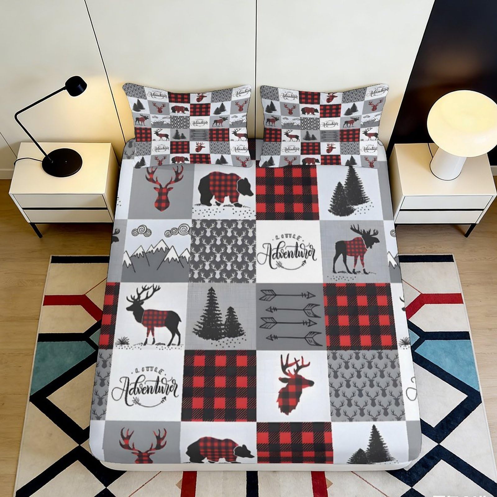 3D Printed Plaid Forest Animals Fitted Sheet Microfiber Soft Breathable Lodge Bed Cover for Bedroom Guest Room Decor 90x200x25cm