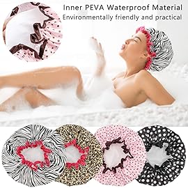 TCOTBE 4 Pieces Shower Cap for Women, Elastic and Reusable, Environmental Protection Hair Bath Caps, Double Waterproof Layers Bathing Hat