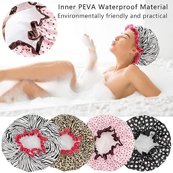 4 Pcs Shower Cap for Women Double Waterproof Layers Reusable Elastic