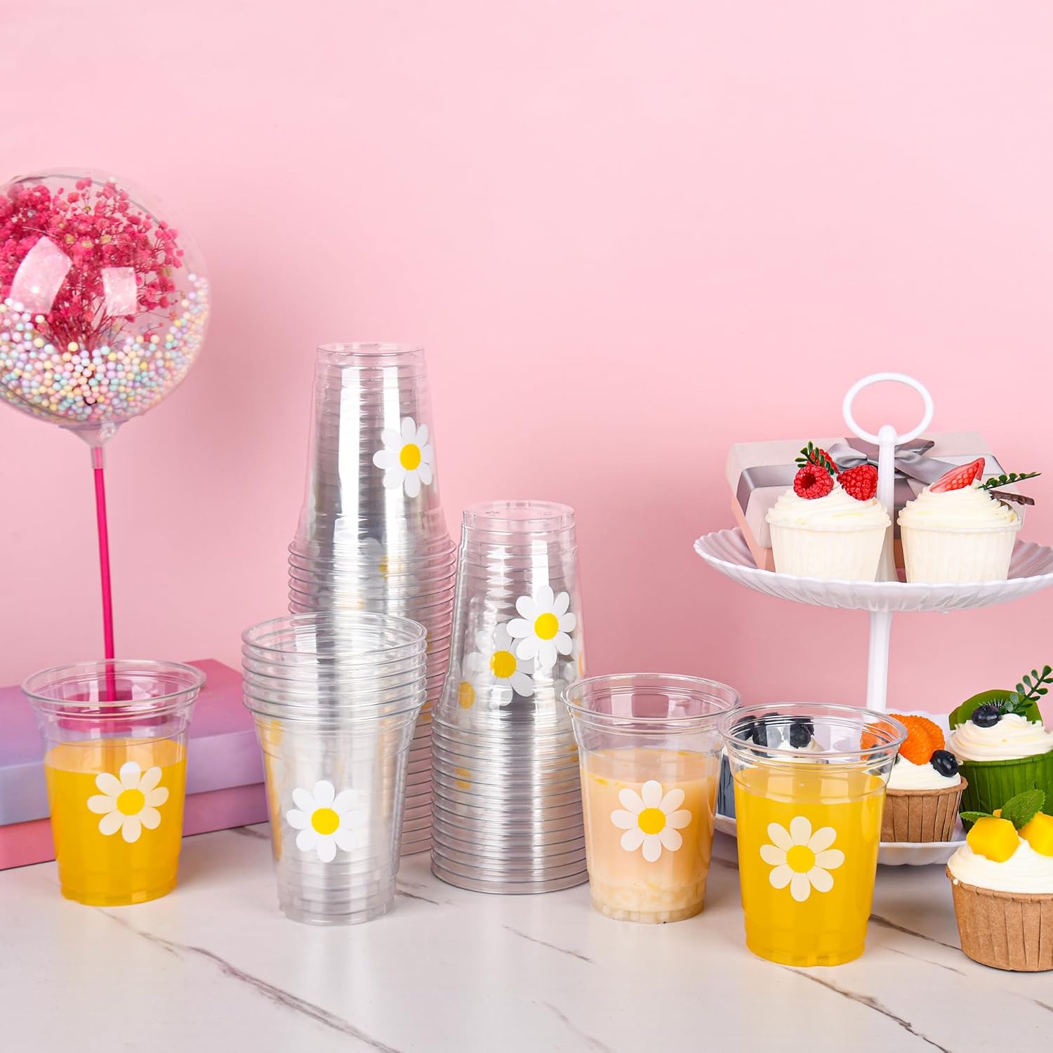 AimFun 100 Pc Daisy Disposable Plastic Cups Groovy Party Cups 12 oz White Flower Cold Drinking Cups for Hippie Boho Party Decor Spring Birthday Baby Shower Supplies