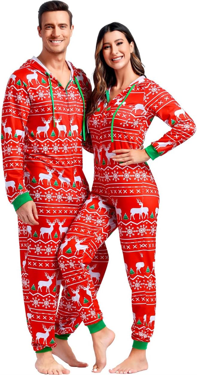Kranchungel Matching Christmas Pajamas for Family: Christmas Onesie Pajamas Couples Xmas Hooded Pjs for Photos Parties Gifts