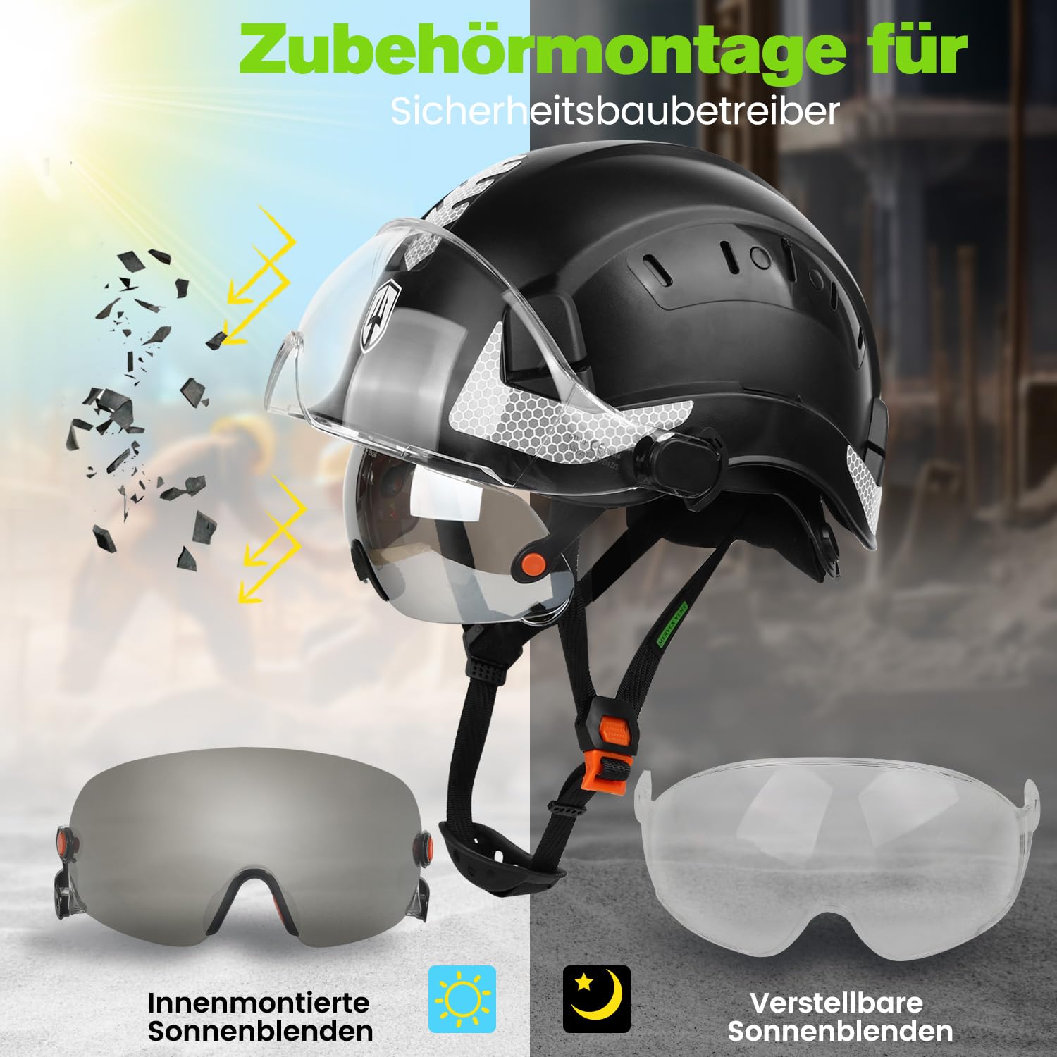 GREEN DEVIL Mervex Vent Set - EN397 & EN166 zertifizierter Industrieschutzhelm mit Doppelvisier + Shield LD Aktives Bluetooth Gehörschutz SNR 32dB