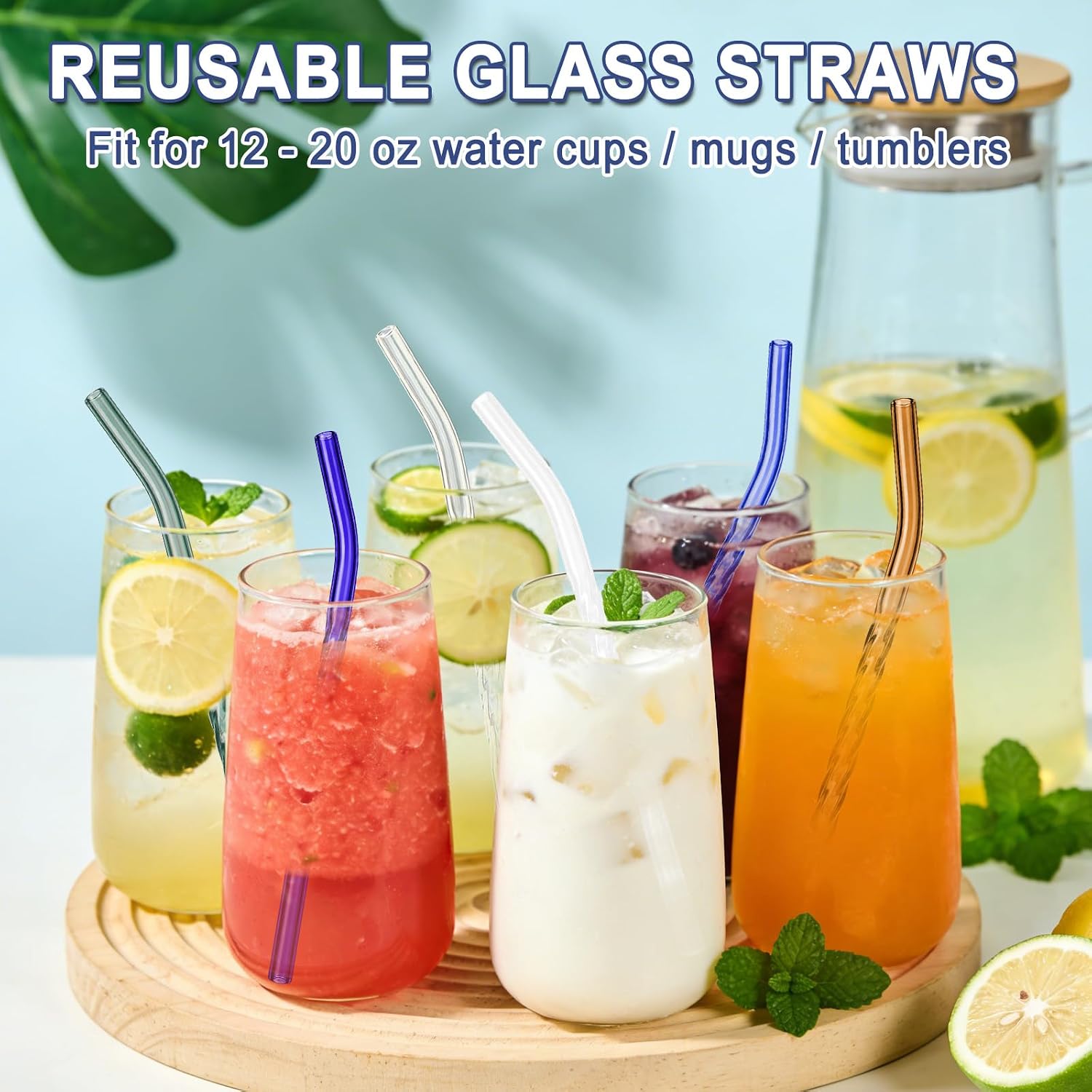 10 Pcs Reusable Glass Straws 7.9” x 8 mm Bent Glass Straws Colorful