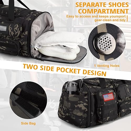 Miniatura 5 de Bolsa de gimnasio expandible para hombres, táctica grande 3 en 1, bolsa deportiva con compartimento para zapatos, resistente al agua, bolsa de mano