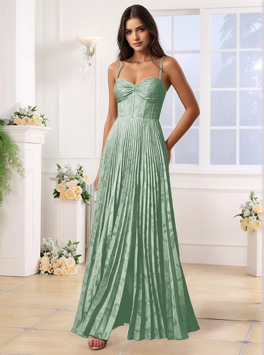 Lace Jacquard Bridesmaid Dresses for Wedding Women's Spaghetti Straps Pleated Formal Dress