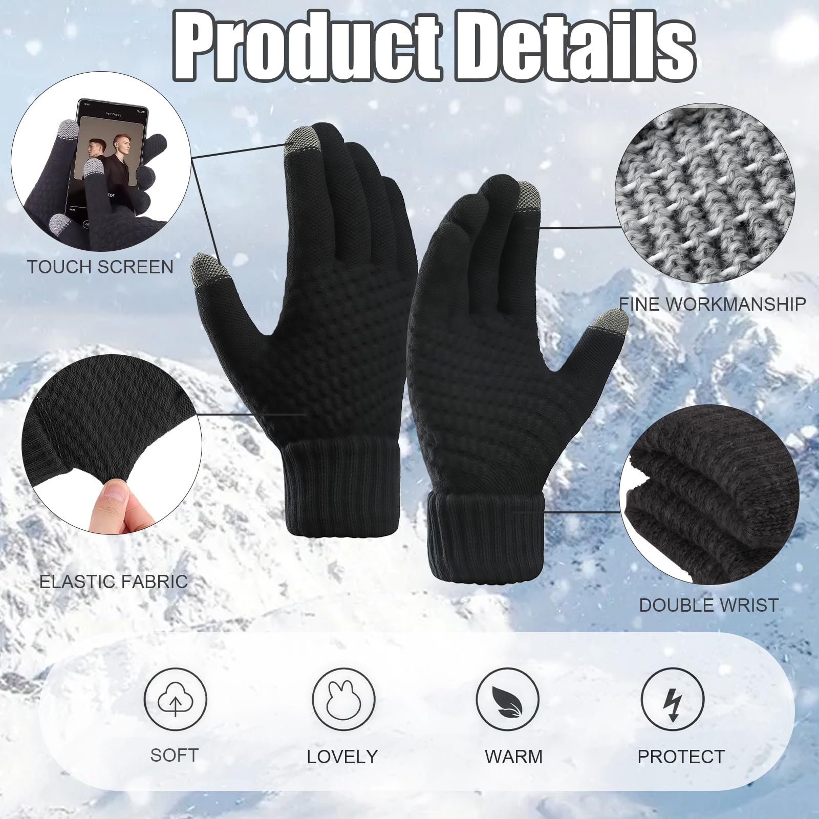 AYNKH Lot de 3 Paires de Gants Thermiques Femme, d’Hiver Chauds Tricotés Élastiques avec Doublure Polaire, Gants Tactiles Chauds pour Sport, Course, Ski, Vélo