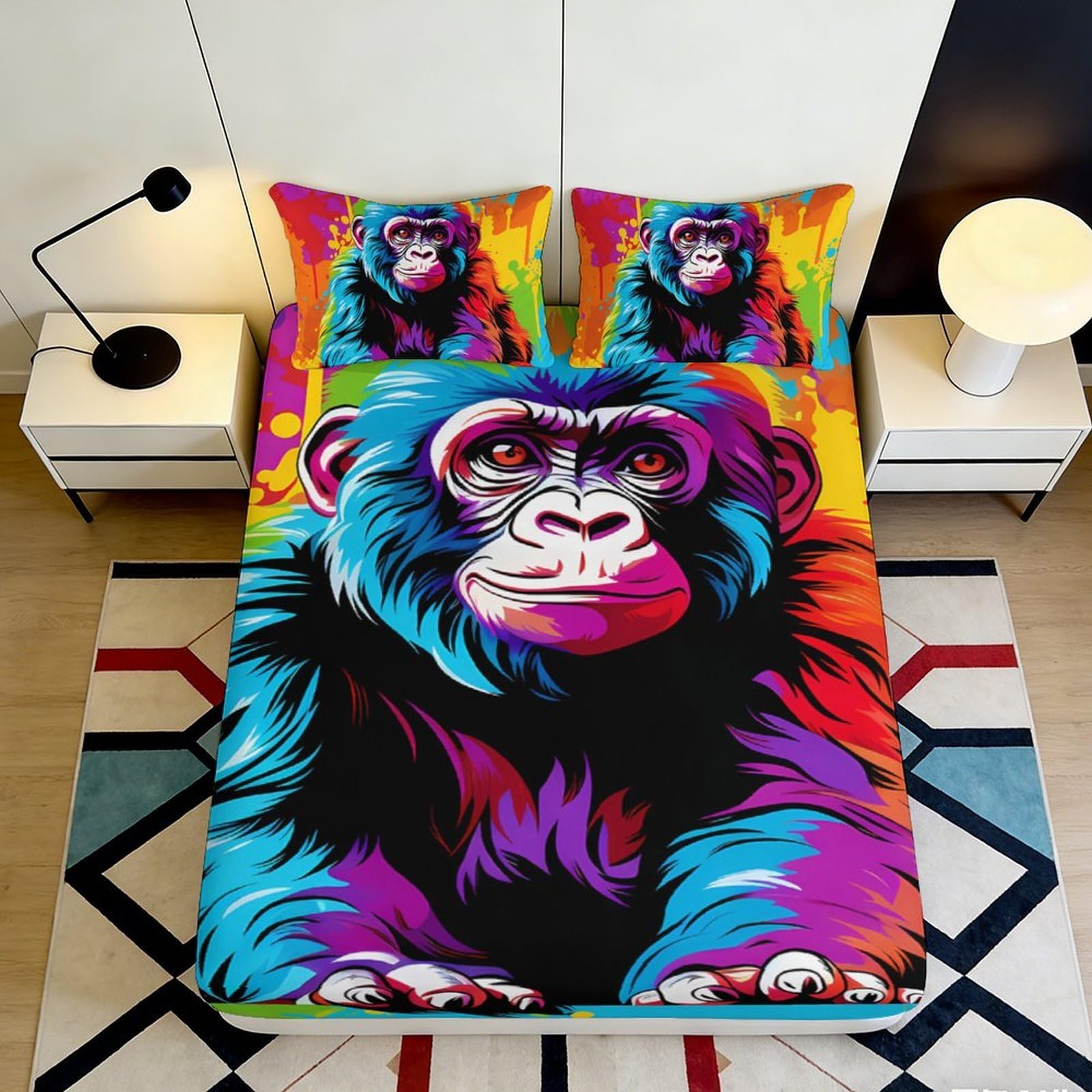 3D Printed Colorful Monkey Fitted Sheet Microfiber Soft Durable Vibrant Gorilla Bed Cover for Bedroom Dormitory Guest Room Mattress Protection 180x200x25cm