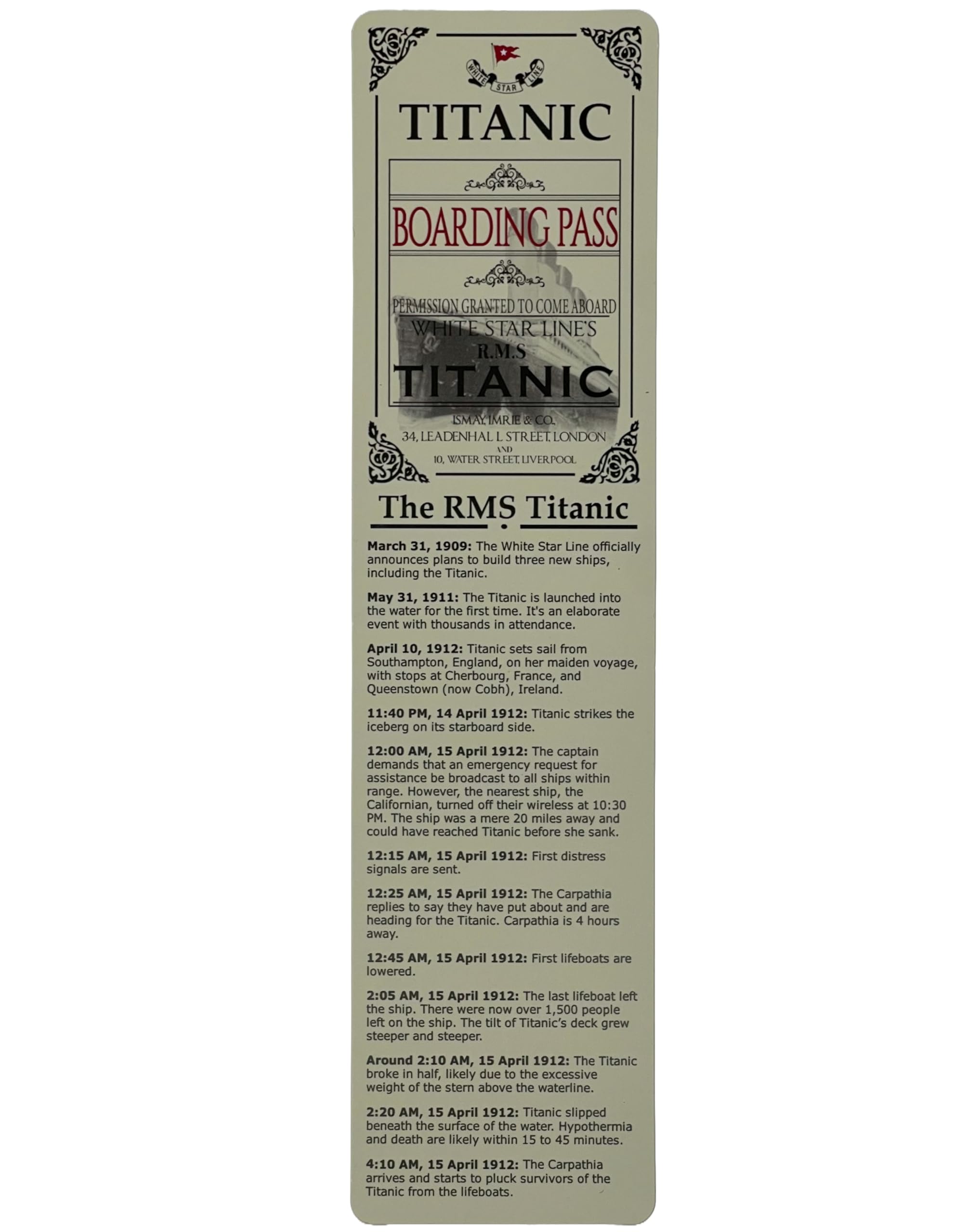 Titanic Bookmark Ticket Boarding Pass Merchandise RMS Titanic Gifts Memorabilia 5 Pack
