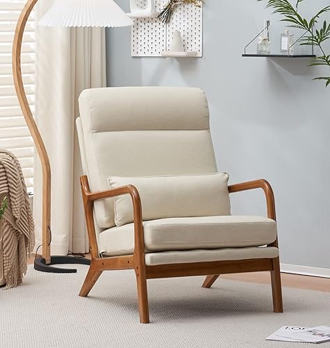 Miniatura 15 de JOYBASE Silla de salón, silla moderna de mediados de siglo, silla con brazo, sillón con marco de madera para sala de estar, dormitorio (blanco