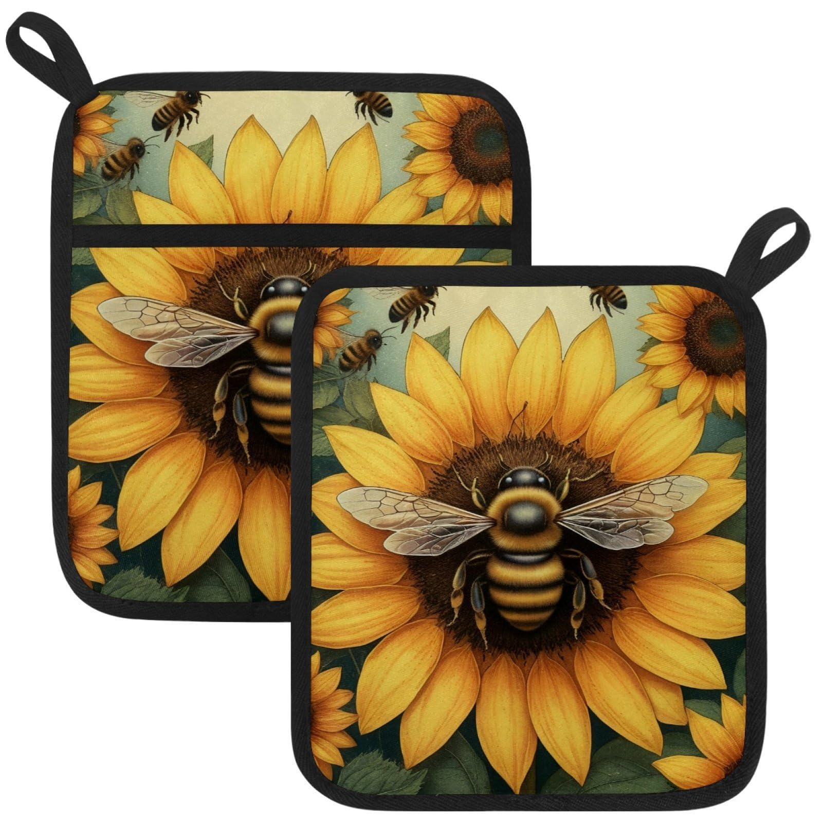 VAPOKF Bee Sunflower Pot Holders with Pocket for Kitchen Heat Resistant Potholders Large Polyester-Cotton Square Oven Mitts Set