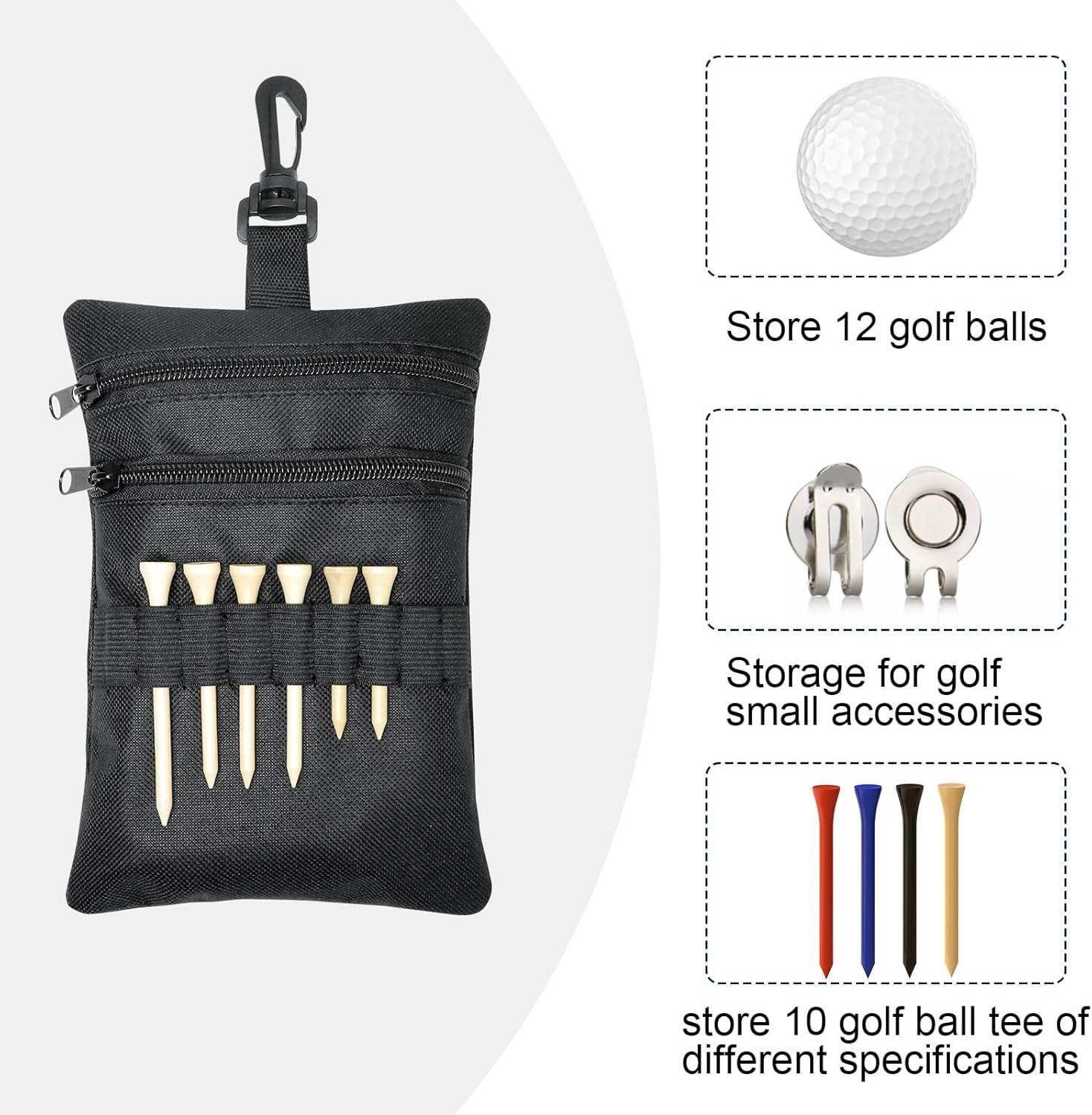Golf Tee Pouch, 7.87 X 5.51 Inch Golf Tee Ball Pouch Bag with Lobster Claw Clip, Golf Bag Accessories for Men - Black