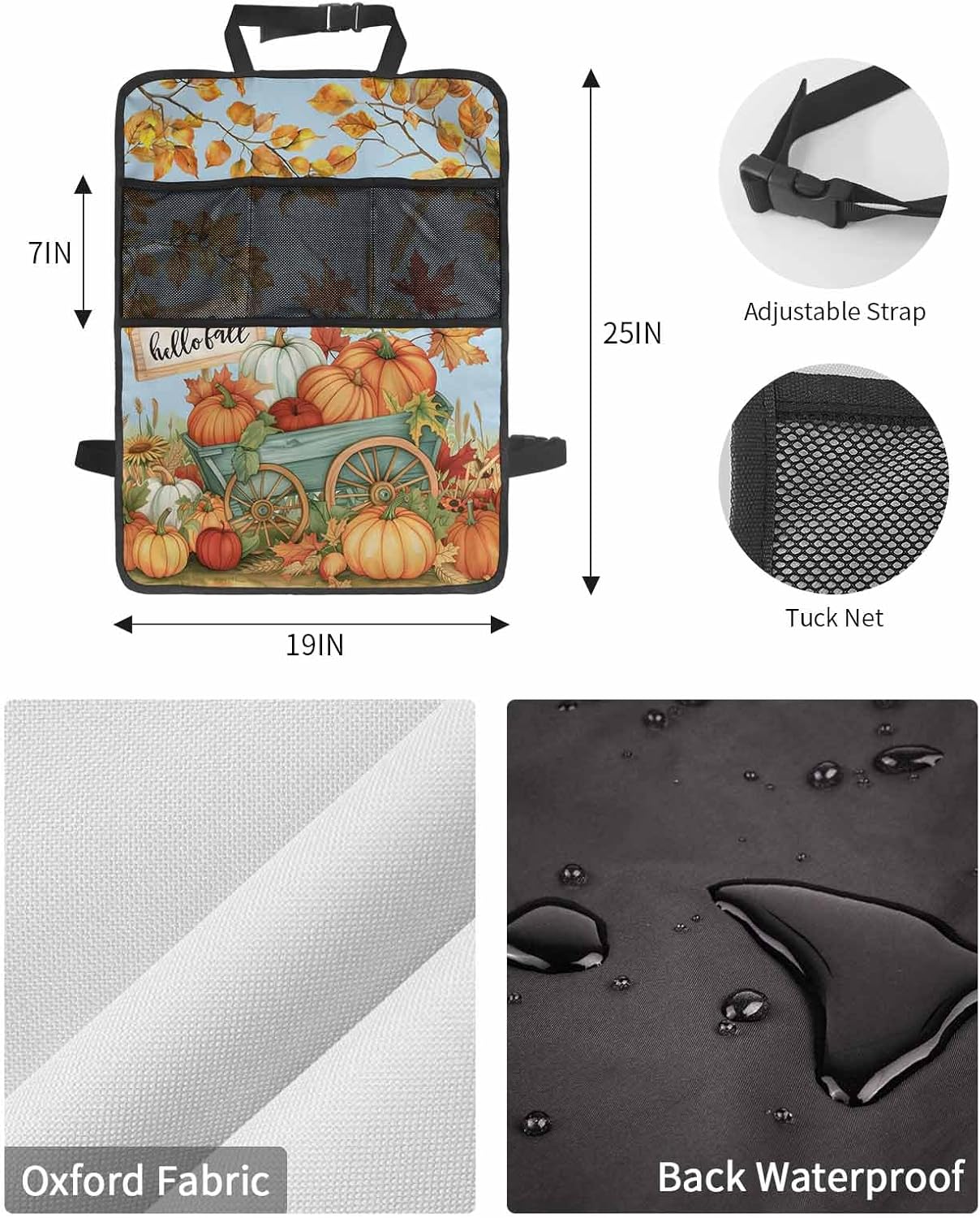 T&H XHome Car Seat Protector, 2 Pack Kick Mats with Organizer - 3 Pocket Storage, Fall Pumpkin Cart Leaves Light Blue Background Back Seat Cover for Kids Universal Fit Automotive Interior Protectors