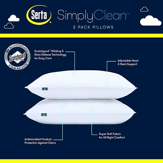 Serta Simply Clean Soft Stain-Resistant Down Alternative Medium/Firm Bed Pillows for Sleeping (2 Pack), Queen, White