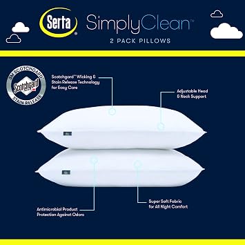 Serta Simply Clean Soft Stain-Resistant Down Alternative Medium/Firm Bed Pillows for Sleeping (2 Pack), Queen, White