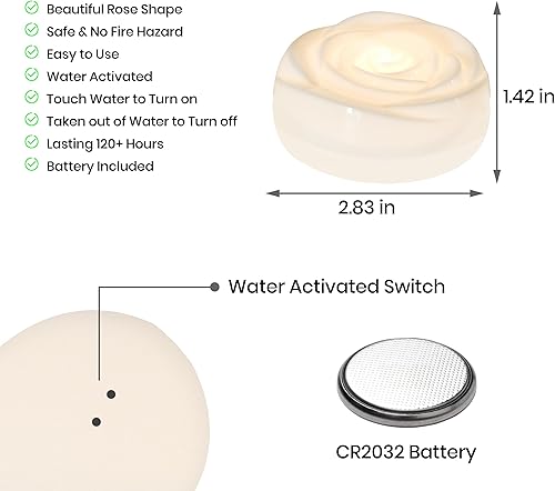 Miniatura 6 de Aignis 6 piezas de velas LED flotantes sin llama, velas de té de rosa blanca de plástico operadas por batería, más de 120 horas de tiempo de brillo