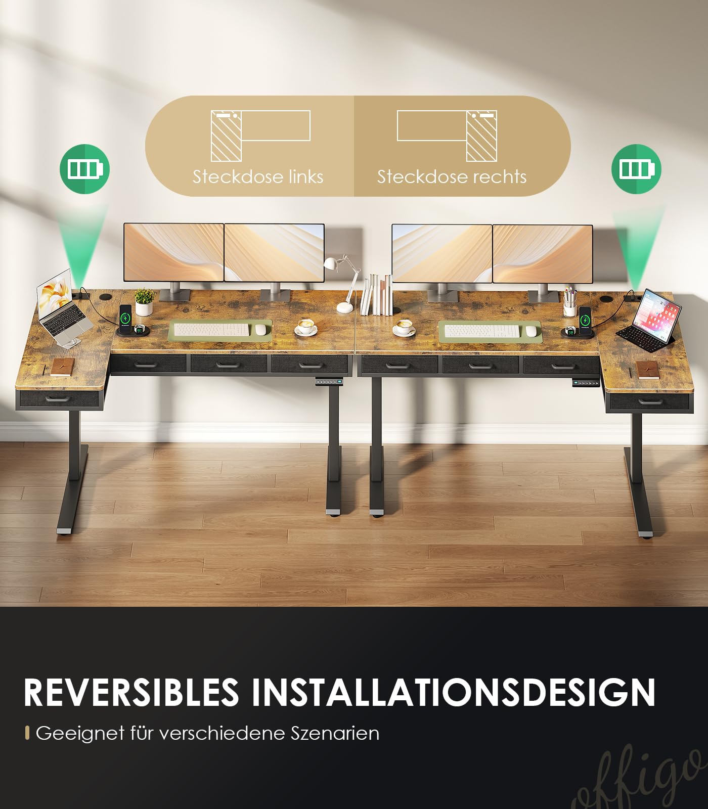 OffiGo Eckschreibtisch Höhenverstellbar, 160x80 cm Höhenverstellbarer Schreibtisch mit 4 Schublade, Elektrischer Tisch L Form mit Steckdose für Büro und Arbeitszimmer, Groß Ecktisch Vintage Braun