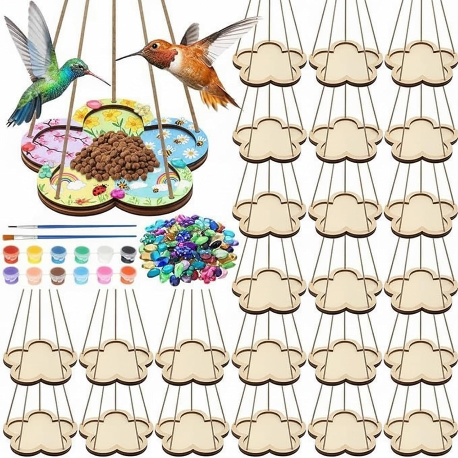 DoubleFill 24 Pcs DIY Bird Feeder Craft Kits for Kids, Flower Wooden Bird Feeders with Watercolor & Acrylic Diamonds for Fall Art Activity & DIY Project