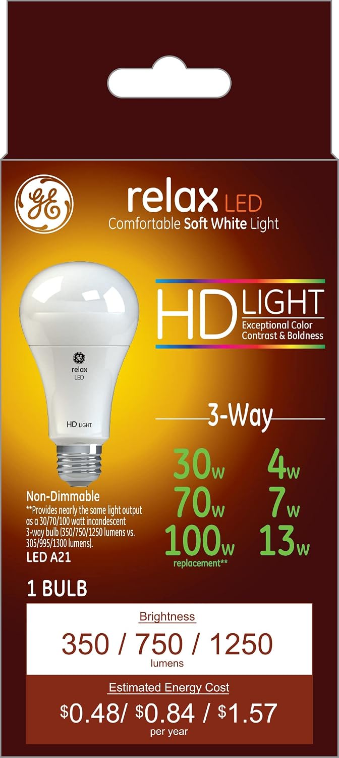 GE Relax LED 3-Way Light Bulb, 4/9/13 Watt, Soft White, A21 Standard Light Bulb (1 Pack)