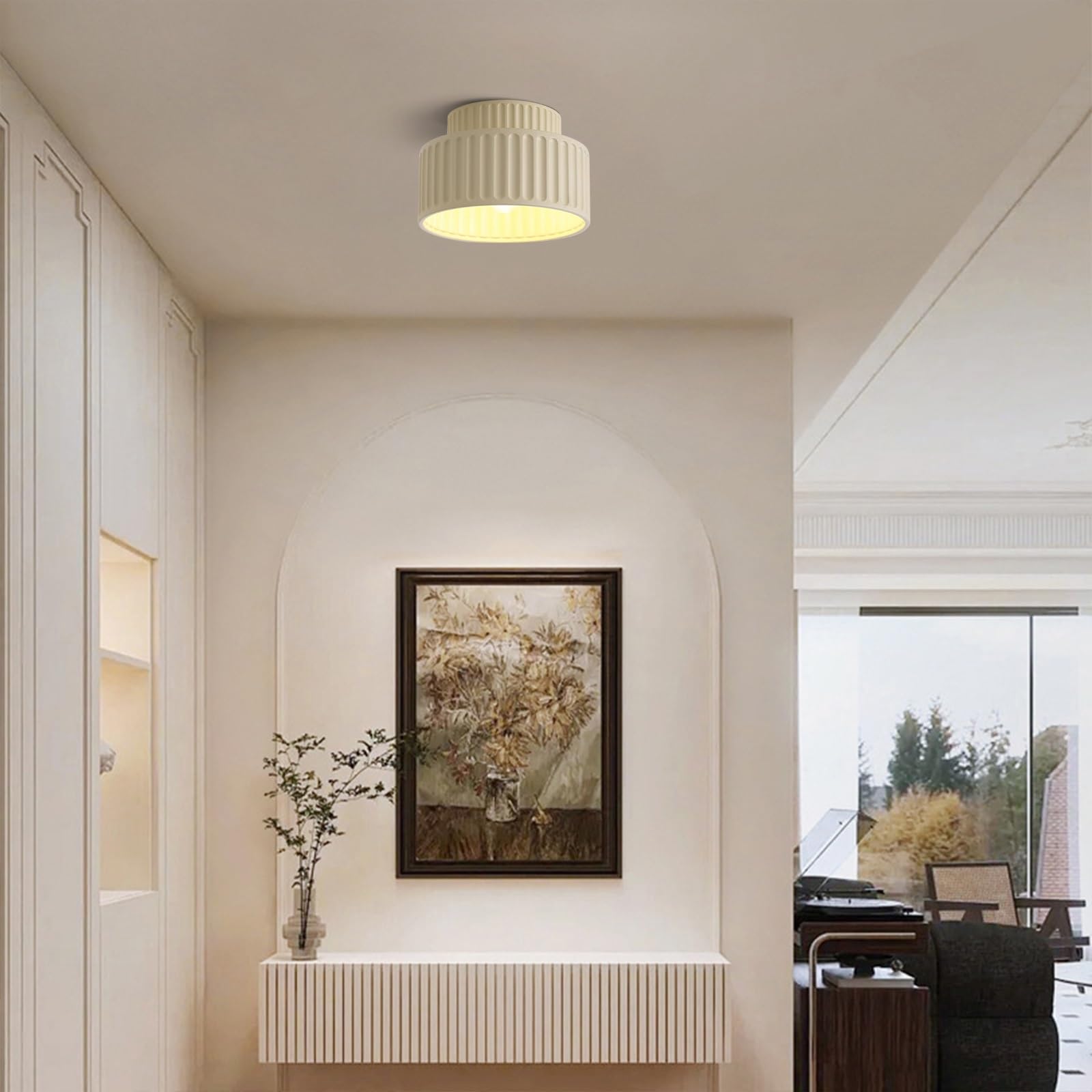 Lámpara de Techo semiempotrada nórdica con Base de Resina Acanalada, Casquillo E27, luminaria Minimalista para vestíbulo, Estilo Mediados de Siglo, para pasillos Interiores (Beige)