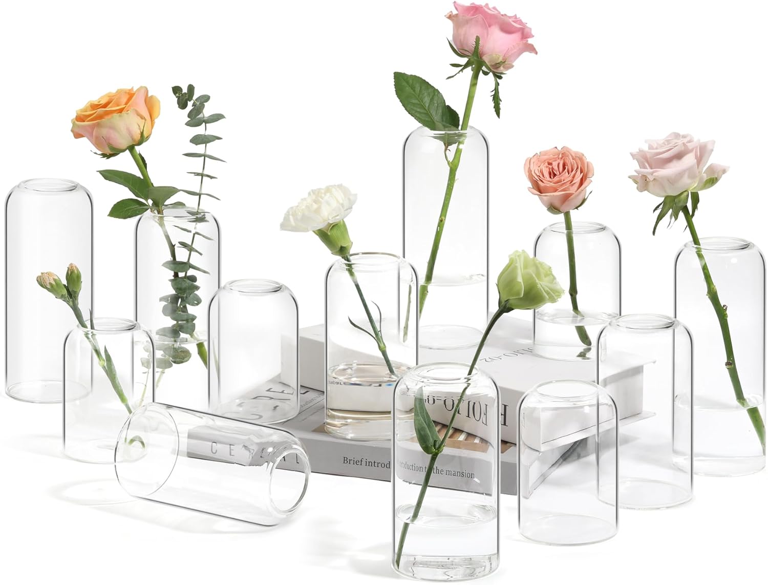 ComSaf Small Flower Vase Set of 12, Glass Bud Vases in Bulk, Clear Vases for Flower, Decor Centerpiece for Bathroom, Decorative Vases for House Warming, Valentines' Day, Mother's Day, Thanksgiving Day Clear 12