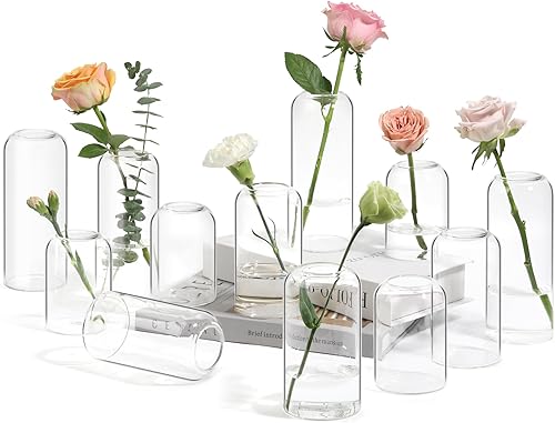 ComSaf Juego de 12 jarrones de flores pequeños, jarrones de cristal a granel, jarrones transparentes para flor, centro de mesa de decoración para
