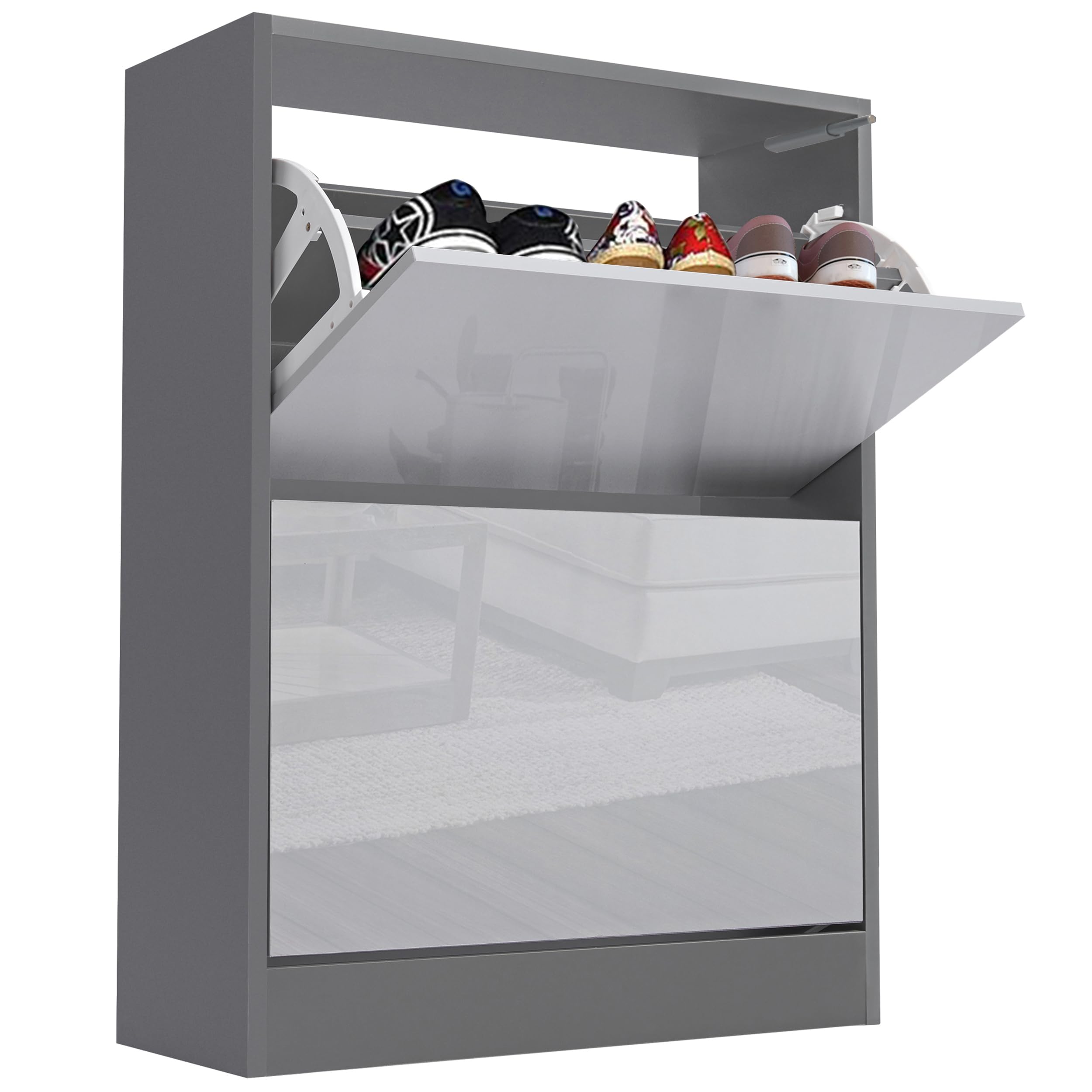Blisswood High Gloss 2 Drawer Shoe Cabinet Cupboard, Shoe Storage Organiser Freestanding 2 Tier Wooden Shoes Rack Cabinet Modern Footwear Stand For Hallway Furniture (Silver Grey & Dark Grey)