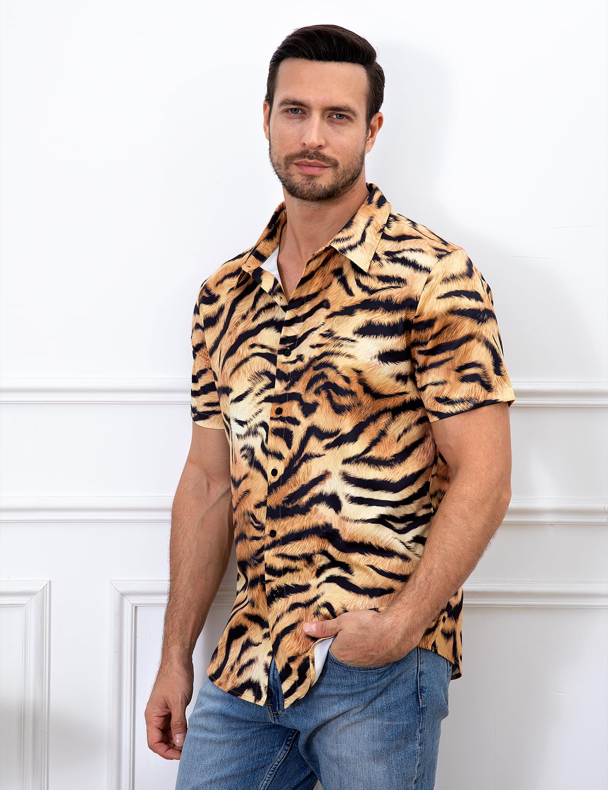 Mens Animal Print Short Sleeve Button Casual Hawaiian Shirts