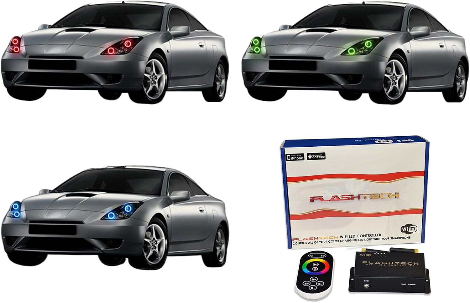 Flashtech RGB LED Halo Ring Accent Light Kit Compatible with Toyota Celica (2000-2005) Headlight Housings - App + RF Remote