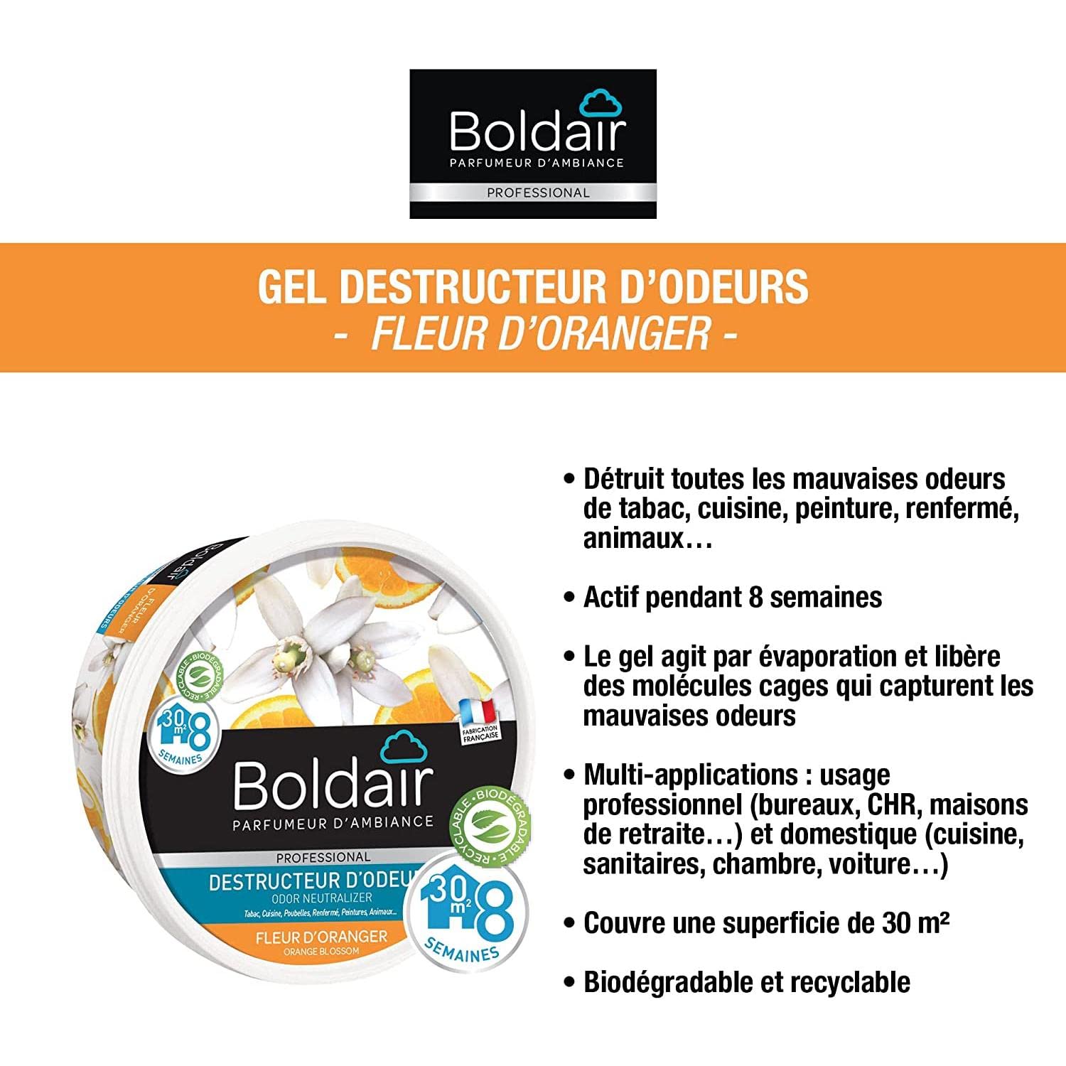 BOLDAIR Lot de 5 Pots 300g Gel Destructeur d'odeurs 8 Semaines Fleur d'oranger