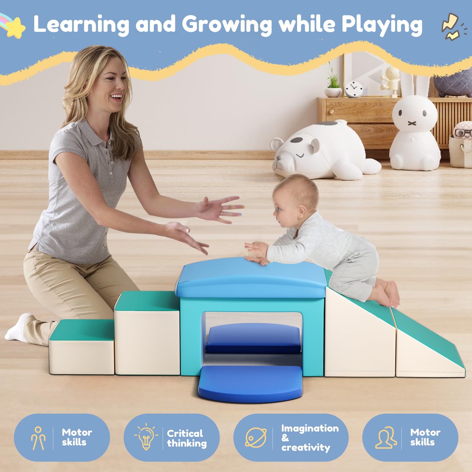 CUPCHID Blocchi da costruzione in schiuma per bambini, grandi blocchi da costruzione in schiuma giganti per bambini, giocattoli educativi prescolari per gattonare e arrampicarsi (Azzurro- 6 in 1)