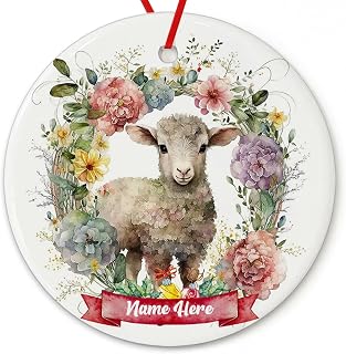 Dinoz Merry Christmas Tree Décor Sheep Animal, Floral Animal Holoday Light Lovers Peronalized Name Both Sided Print Ceramic Round Circle Ornaments Keepsake Gifts for House Decorations