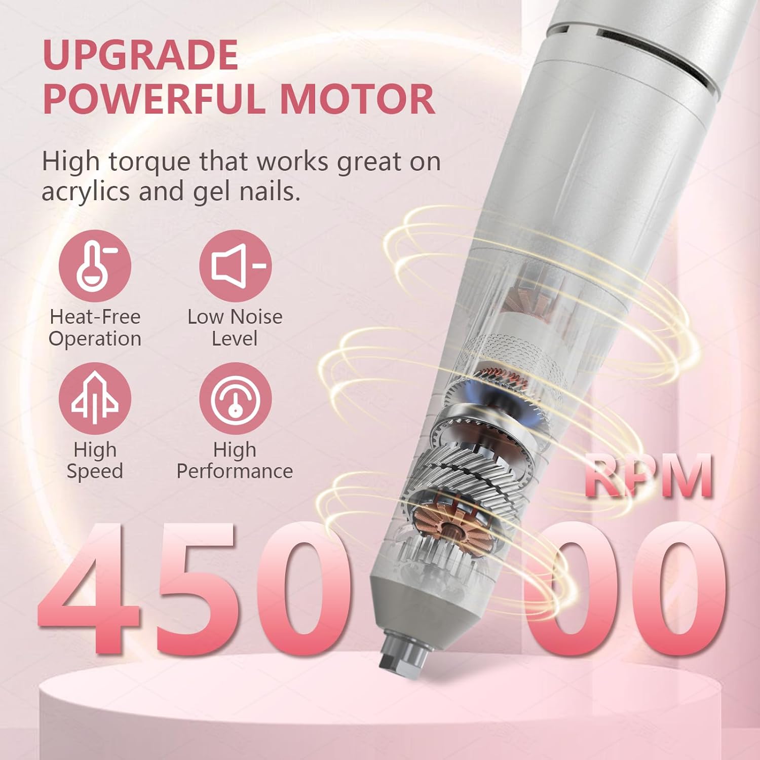 Professional Nail Drill Machine, 45,000 RPM Electric E-File for Acrylic Gel Nails, with 6 Bits and Sanding Bands (White)