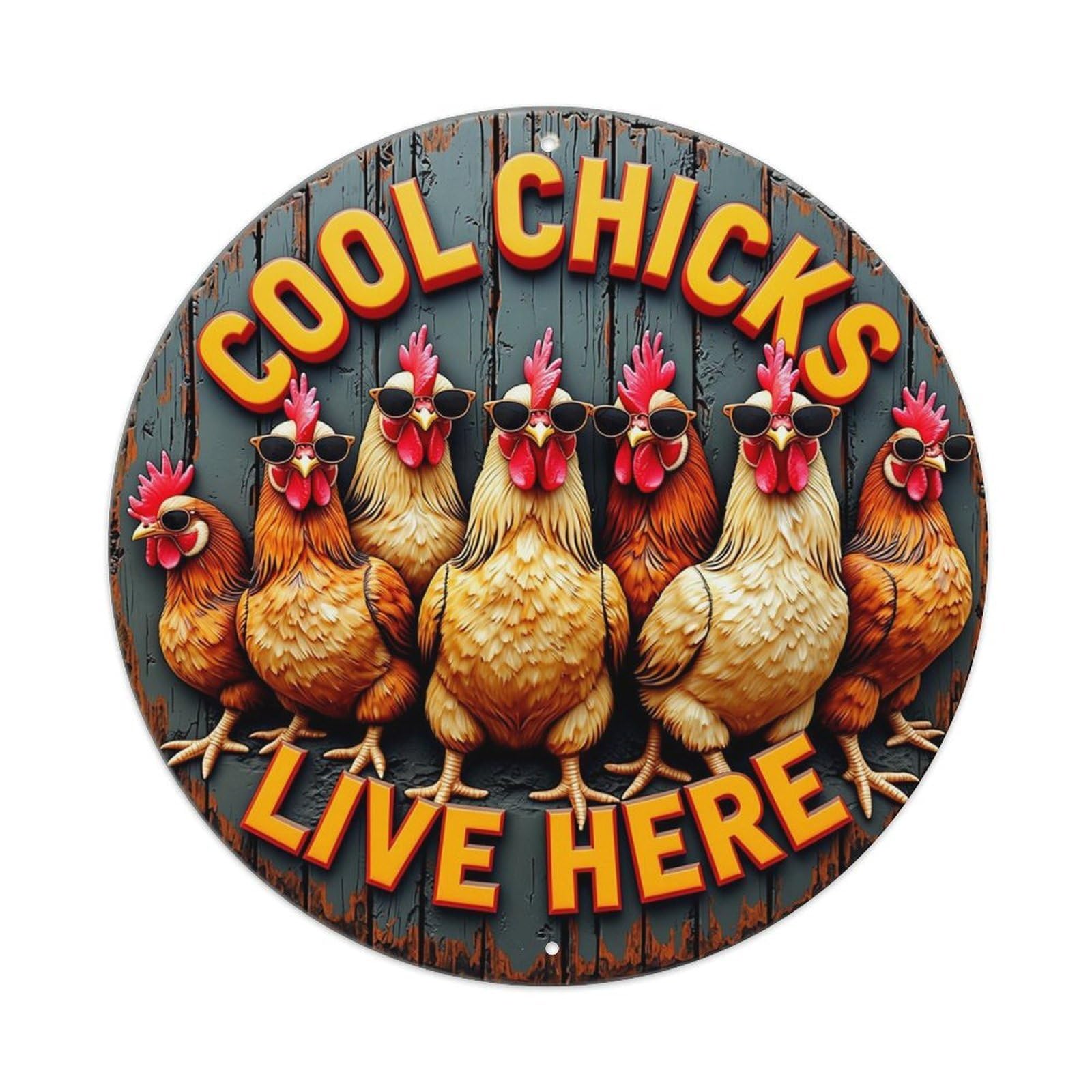 Cool Chicks Live Here Retro Metal Sign Round Tin Sign, Vintage Decor Art Poster for Bar, Home, Man Cave, Kitchen, Laundry Room Gift 8x8Inch