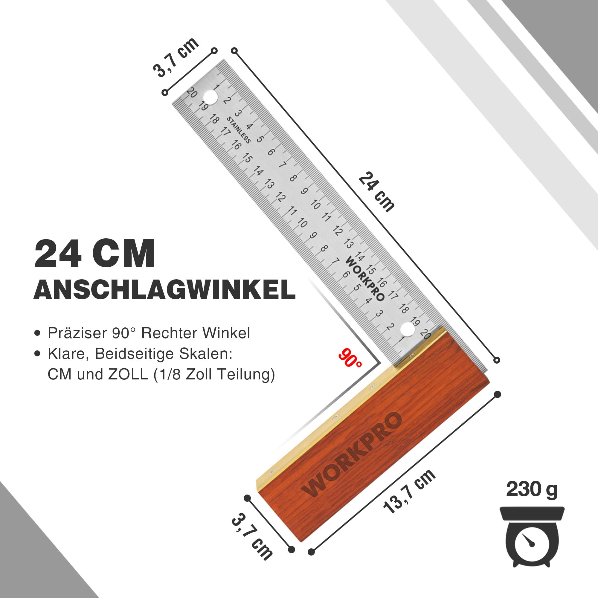 WORKPRO Schreinerwinkel, 2-teilig, Anschlagwinkel, 200 mm, verstellbare Gleitschräge 230 mm, Hartholzgriff, Edelstahlklinge für Handwerker, Holzbearbeitung