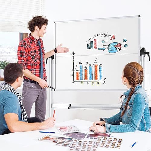 Vista 6 de VIZ-PRO Pizarra blanca móvil de doble cara, 48 x 36 pulgadas, pizarra blanca magnética de borrado en seco sobre ruedas con marco de aluminio