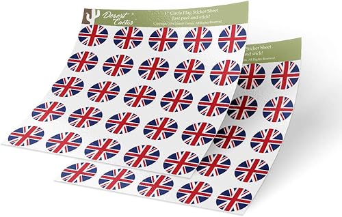 Desert Cactus Adhesivos de vinilo de la bandera del Reino Unido de 1 pulgada, redondas, dos hojas, 50 piezas en total, con logotipo para niños,
