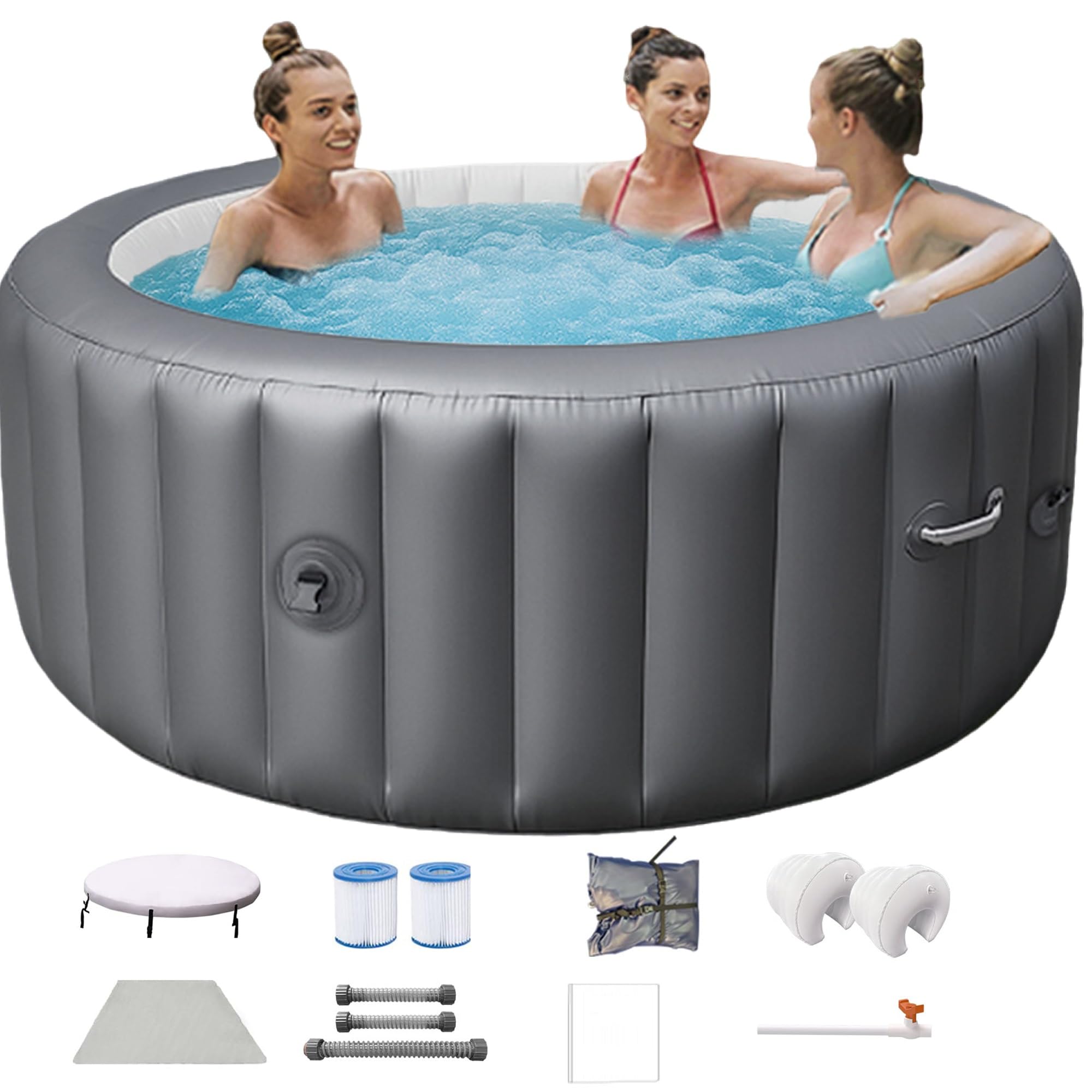 Vasca idromassaggio gonfiabile, piscina gonfiabile con 130 getti d'aria, pompa di riscaldamento, cartucce filtranti, copertura isolata, telo per terra, spa d'acqua portatile all'aperto (182 cm, 2-3
